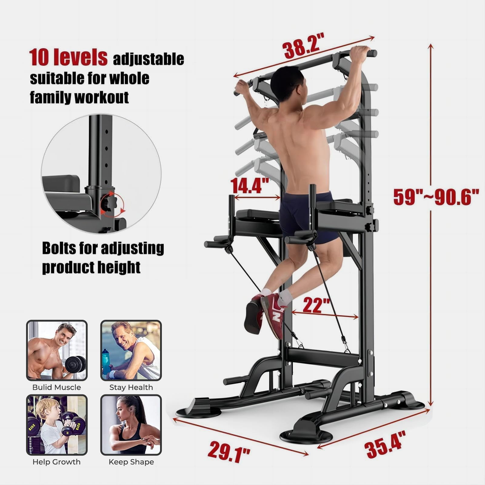 PROHIKER Power Tower Dip Station, Pull Up Bar Stand Power Rack with Backrest and Resistance Band, Height Adjustable Strength Training Equipment for Fitness Home Workout, Black