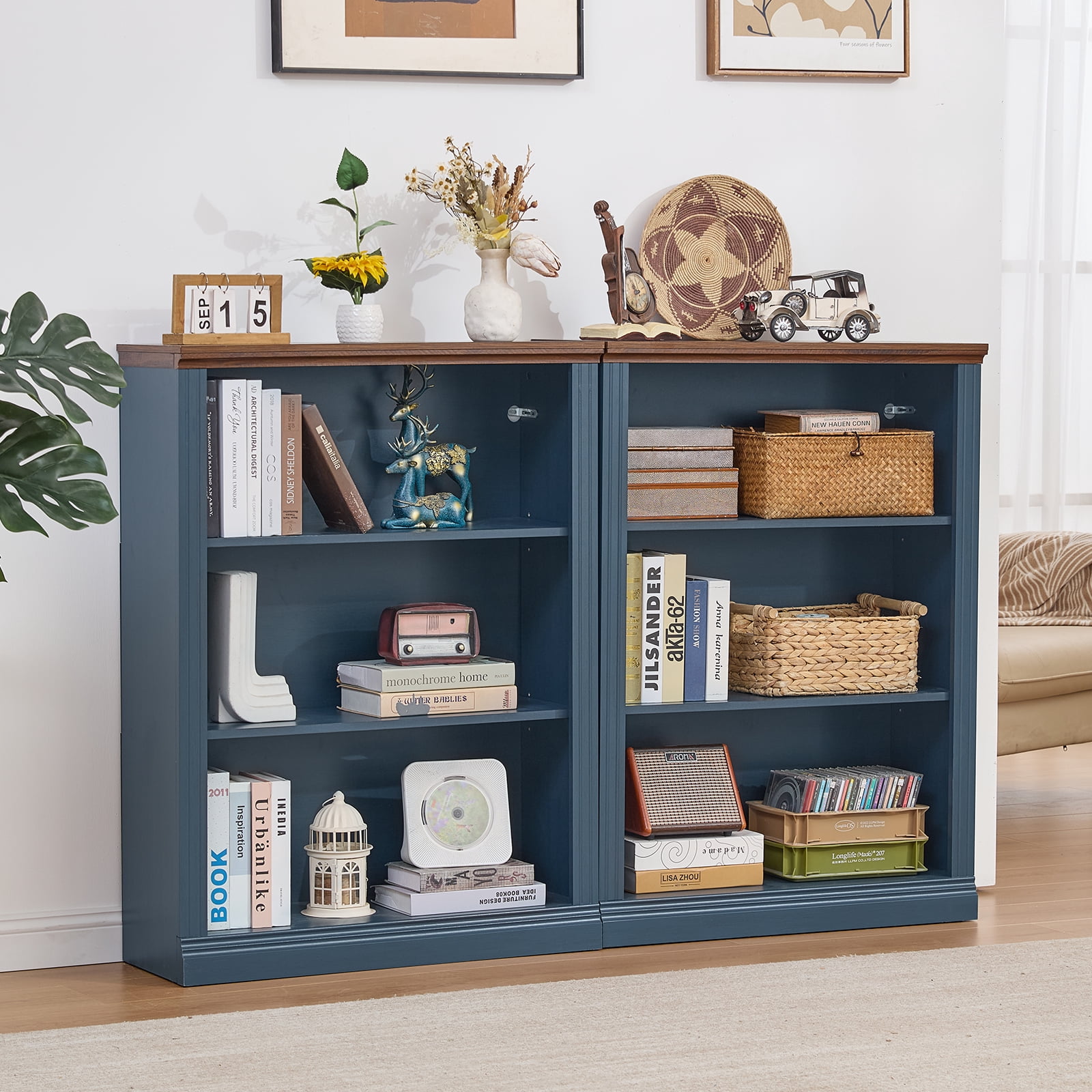Buildhom 43" Tall Farmhouse Bookshelf, 3-Tier Solid Wood Bookcase with Adjustable Shelves for Living Room & Office, Blue