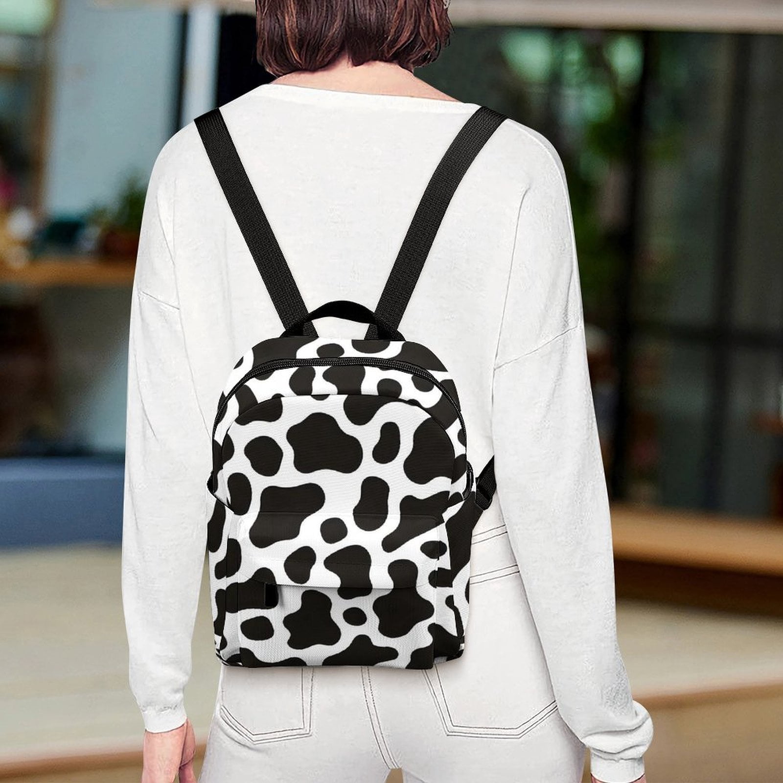 8.1×10in Casual Women'S Backpack With Anti-Contraction And Stretch For Sports Activities Travel Picnics Black White Cow Print