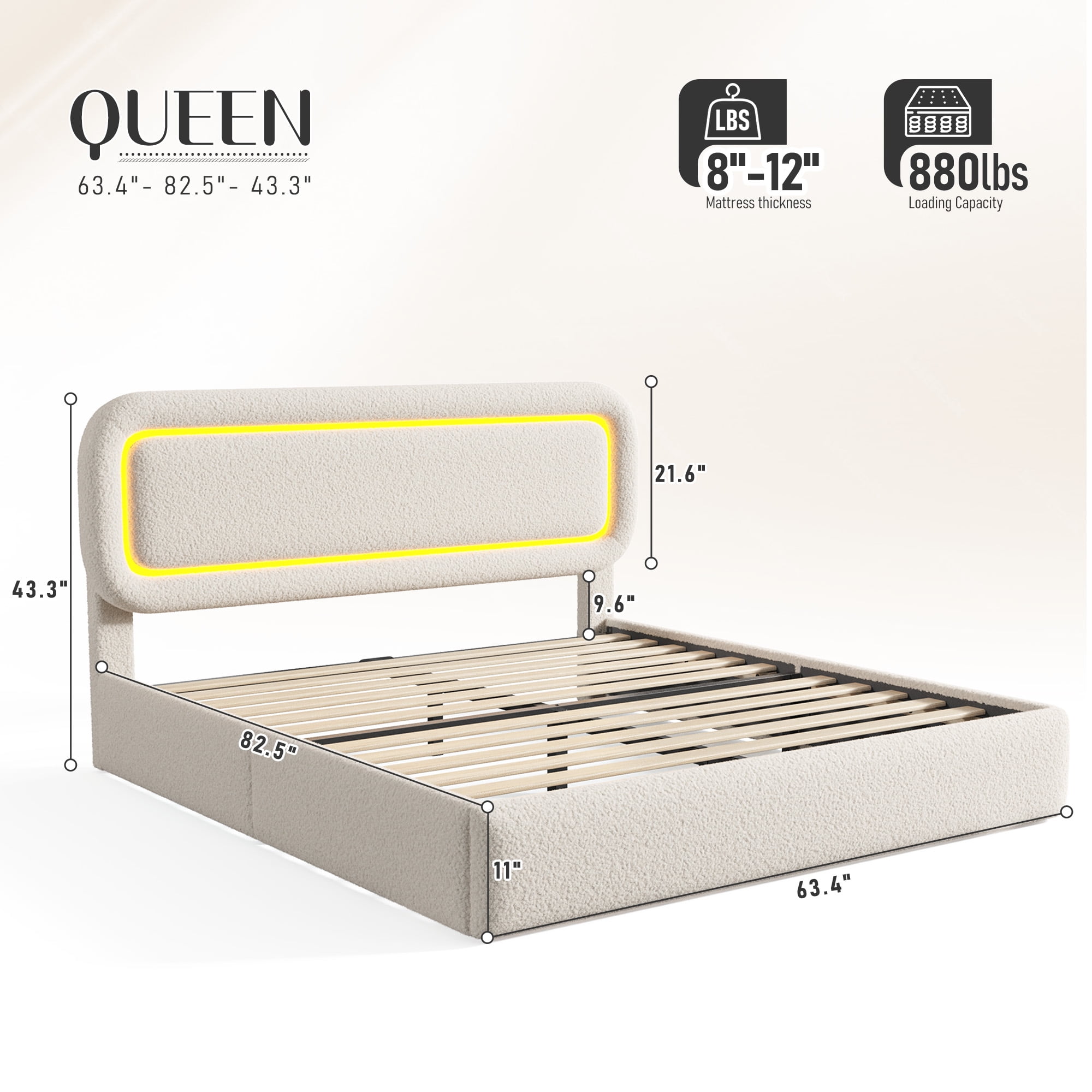 EnHomee Boucle Bed Frame with Rounded Corner Cloud Bed Frame with Headboard Upholstered Bed Frame Queen Size ,Beige