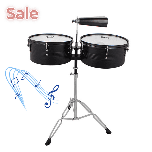 Tcbosik 13" & 14" Timbale Drum Set with Stand and Cowbell, Percussion Instrument Kit for Beginner, Black