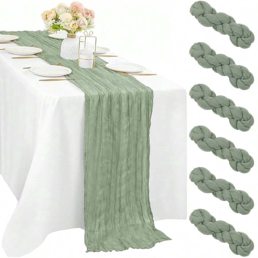 6 Pack Sage Green Cheesecloth Table Runners 35 x 120 Inch (10FT) – Boho Rustic Gauze Table Decor, Semi-Sheer Fabric Runner for Wedding, Baby Shower, Birthday Party & Event Decorations