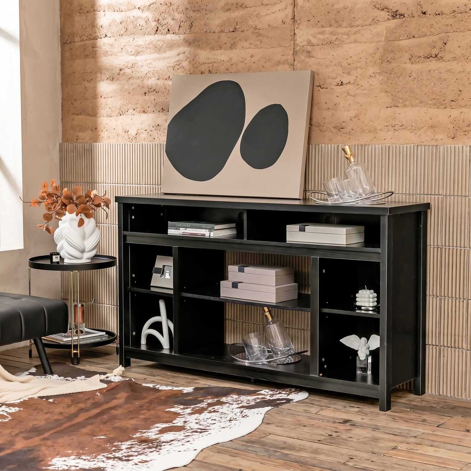 Furnibear 58 Inch TV Stand Entertainment Center Console with Adjustable Open Shelves and Cable Management for TVs up to 65 Inch, Engineered Wood Media Console, Black