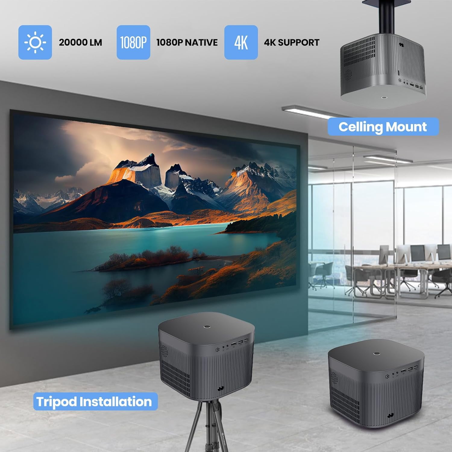 Portable Projector with WiFi and Bluetooth, 4K 1080p Support, Indoor/Outdoor Movie Projector