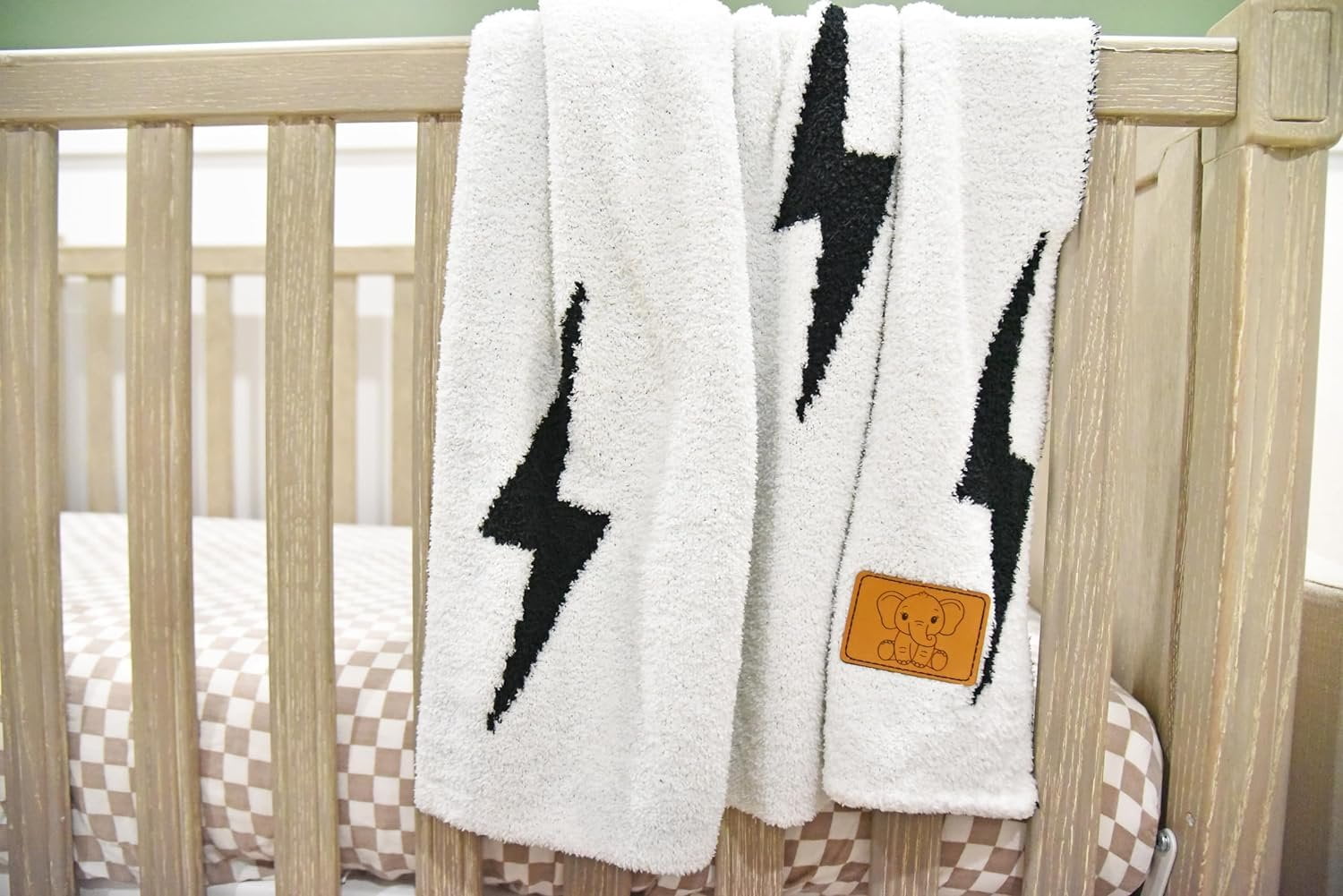Lightning Bolt Baby Blanket 28"x40" with Leather Patch - Soft Knitted Throw - Receiving Blanket/Newborn Gift Essential for Nursery Black/White
