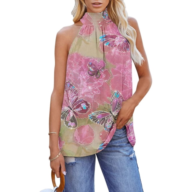 Verano para mujer Sexy Halter Cuello alto Tank Tops Sin mangas Floral Impreso Camisas Casual Beach Tee Blusas Fridja gh1515