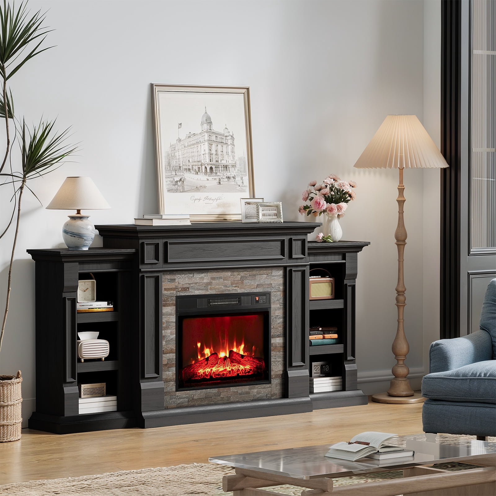 72" Fireplace Mantel with 23" Electric Fireplace and Bookshelves, Wooden Storage Freestanding Heater with Remote Control,Black