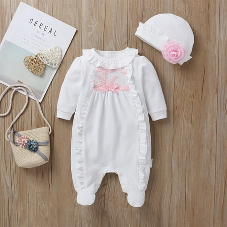 

Sedceaty Princess Baby Girl Clothes Set Long Sleeve 3D Print Ruffled Romper Footwear + Flower Hat 2Pcs Outfits Infant Clothing Suit 0-8M