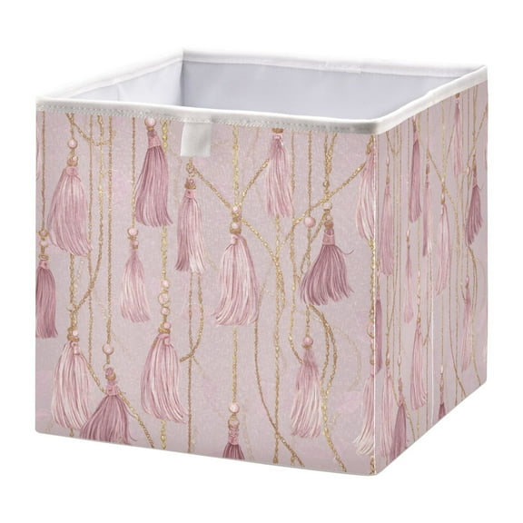 Foldable Fabric Storage Bin Home Cubes Clothing Organizer Bins Large Collapsible Box Basket for Home Organizer Light Pink Tassels