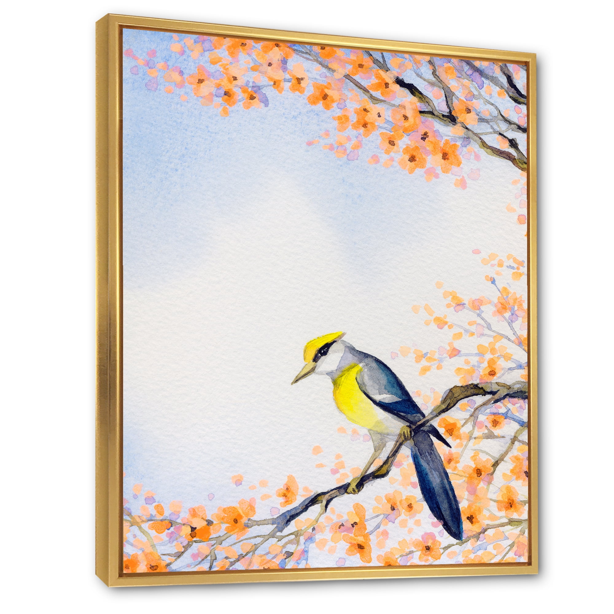 Beautiful Blue Bird Sitting On Flowering Branch II 24 in x 32 in Framed Painting Canvas Art Print, by Designart