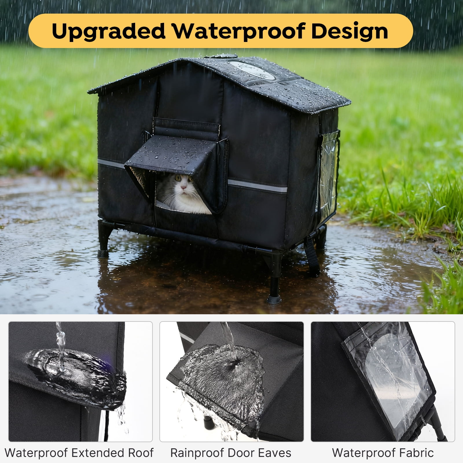 Veehoo Outdoor Cat House Weatherproof, Outside Insulated Feral Cat Shelter with Elevated Base, Waterproof Eaves & Escape Door for Stray Barn Cats, 25.6"x16.5"x22.4"