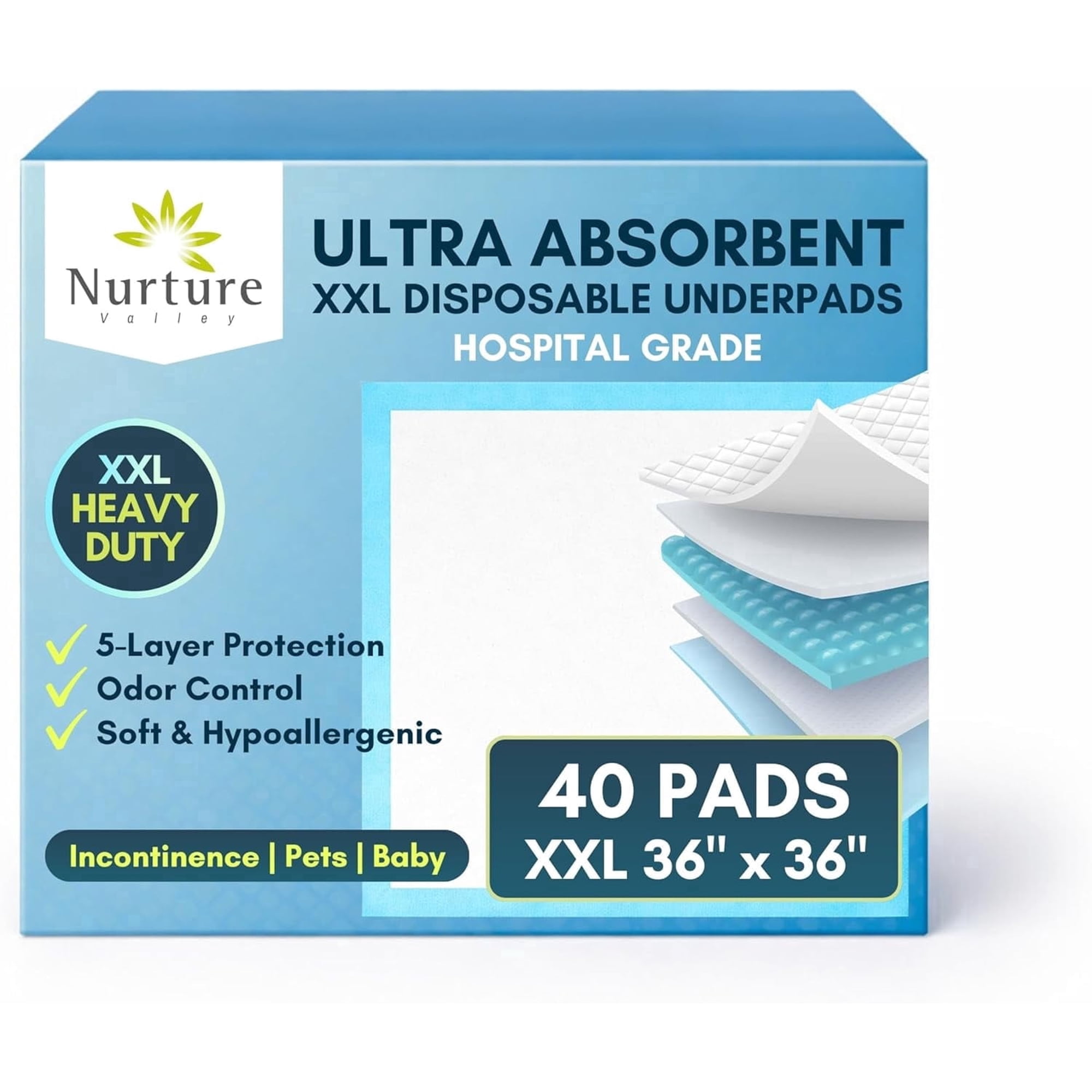 Nurture XXL Heavy Duty Bed Pads with Adhesive, 36" x 36" Disposable Chux Underpads, Ultra Absorbent Incontinence Bed Liners for Adults, Elderly, Kids & Pets, 40 Count