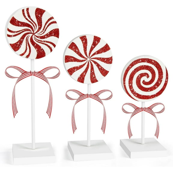 3 Pcs Wooden Candy Christmas Ornaments, Red & White Tiered Tray Decor for Xmas Holiday Party