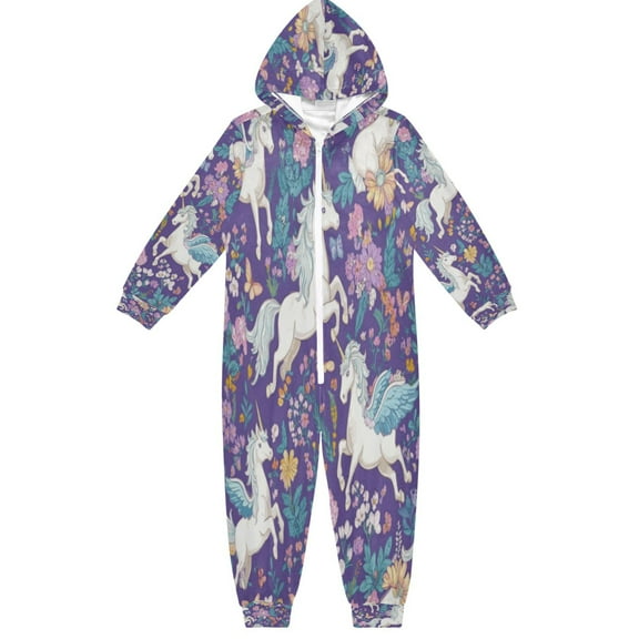 Soft Big Kids Onesie Pajamas Cozy Loose-Fit Jumpsuits for kids with Pockets for Christmas Lounge & Play Unicorns and Pegasi Pattern