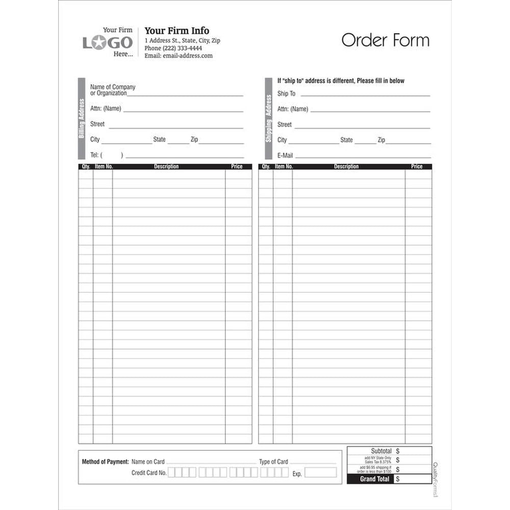 Order Entry Form, space for credit card info.,Style 1