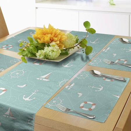

Anchor Table Runner & Placemats Nautical Arrangement with Seagull Helm and Life Sailing Doodle Set for Dining Table Decor Placemat 4 pcs + Runner 16 x72 Seafoam Salmon and White by Ambesonne