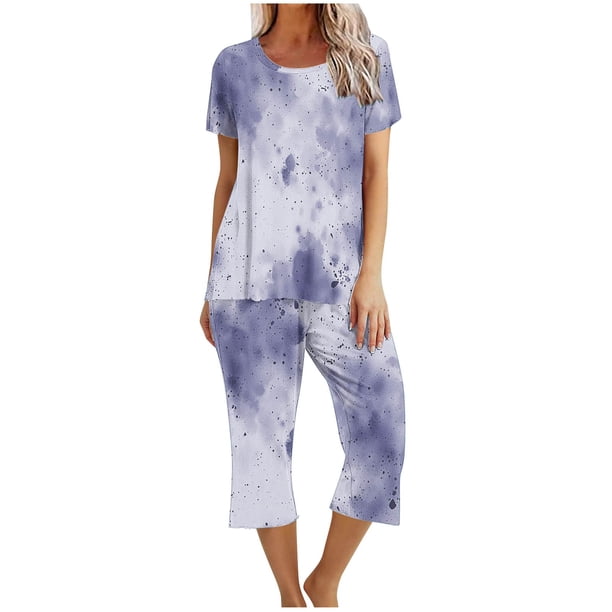 Pijamas de Verano para Mujeres, Suelto Impreso Manga Corta Superior Y Pantalones Recortados, Cuello Redondo Casual