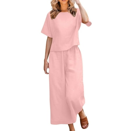 GXIPO Women s 2 Piece Outfits Linen Short Sleeve Set Women Crewneck Tops Wide Leg Pants Set Plus Size Summer Matching Outfit Purple Pink M