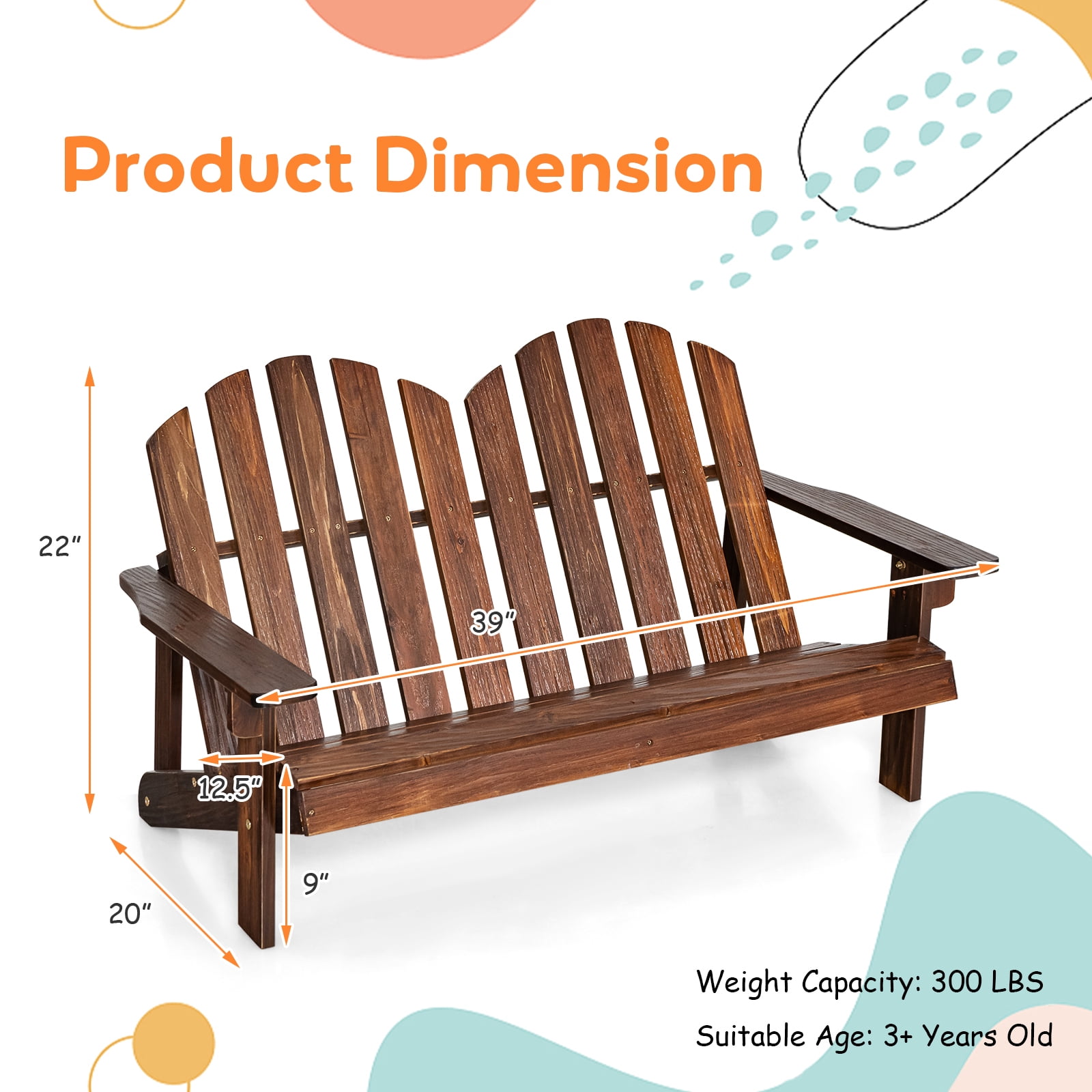 Gymax Kid Adirondack Chair Solid Wood Loveseat Backrest Arm Rest for 2 Person Patio Coffee
