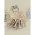thumbnail image 3 of FEORJGP Infant Girl 2Pcs Fall Outfits Newborn Baby Ruffle Long Sleeve Jumpsuit Plaid Print Skirt Romper Dress Crew Neck Bodysuit Dress with Headband Set Clothes, 3 of 9