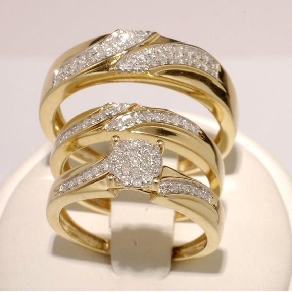 Hitanshu Jewels Trendy 14K Yellow Gold Finish Silver Round Cut CZ Men's & Women's Trio Ring Set