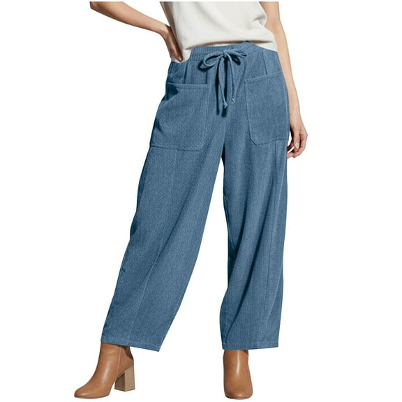 gbyLJF Women's Corduroy Trousers Casual Double-pockets Loose Fit Wide Leg Pants Drawstring Stretch Waist Knitted Long Pants
