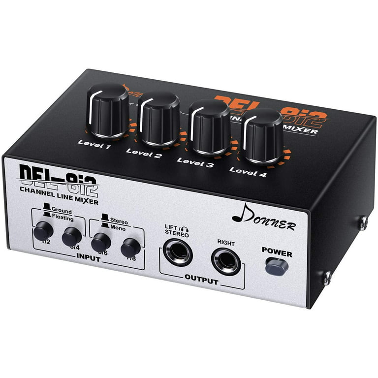 Audio Mixer, Donner Portable Stereo Line Mixer,4-Channel,As  Microphones,Guitars,Keyboards or Stage Sub Mixer,Ideal for Club or Bar.With  AC adapter,Stereo/Mono Adjustment,New Version-DEL-8i2 