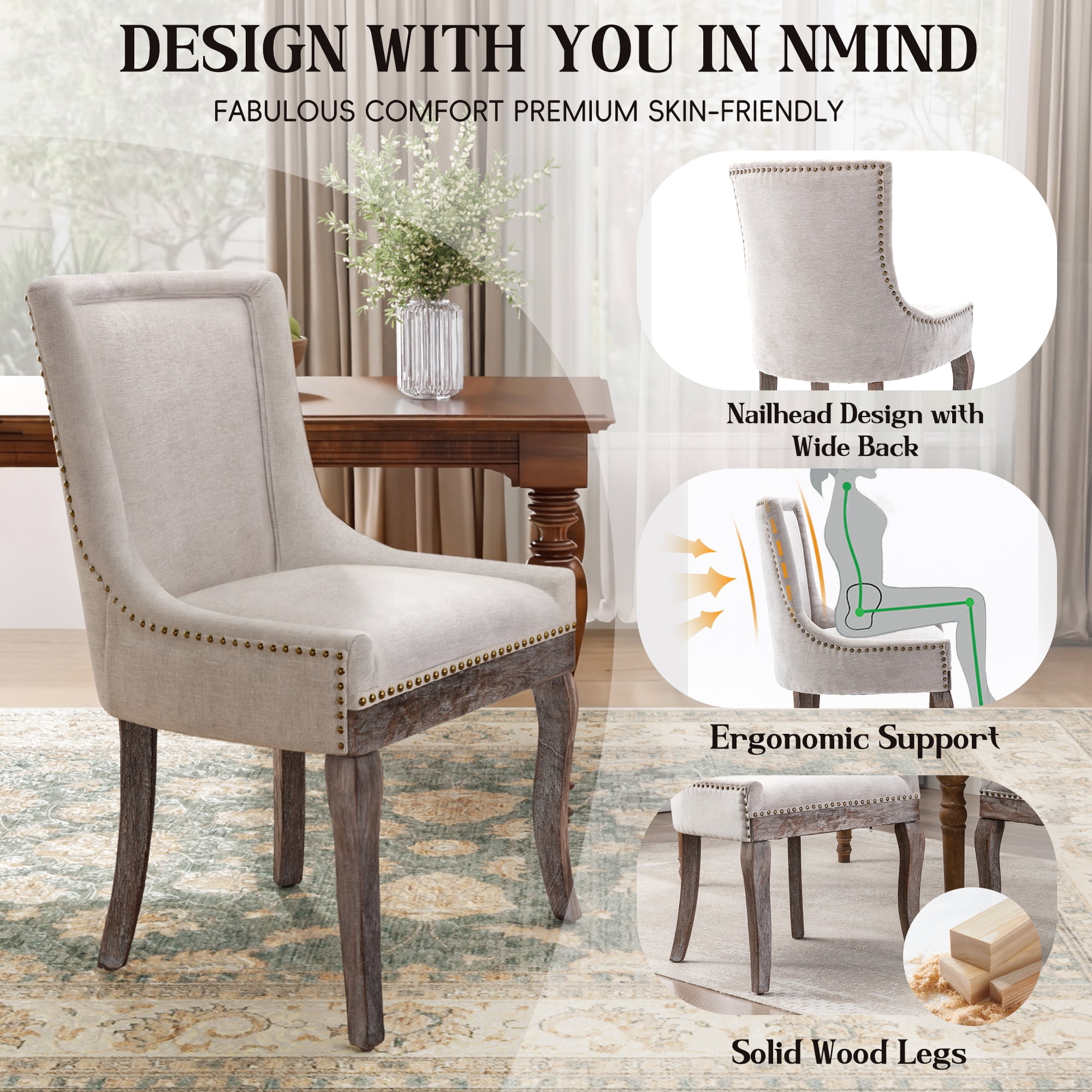 DONICK Vintage Fabric Upholstered Dining Chairs,Solid Wood Kitchen Dining Room Chairs with Nailheads Solid Wood Legs (Beige,Set of 4)