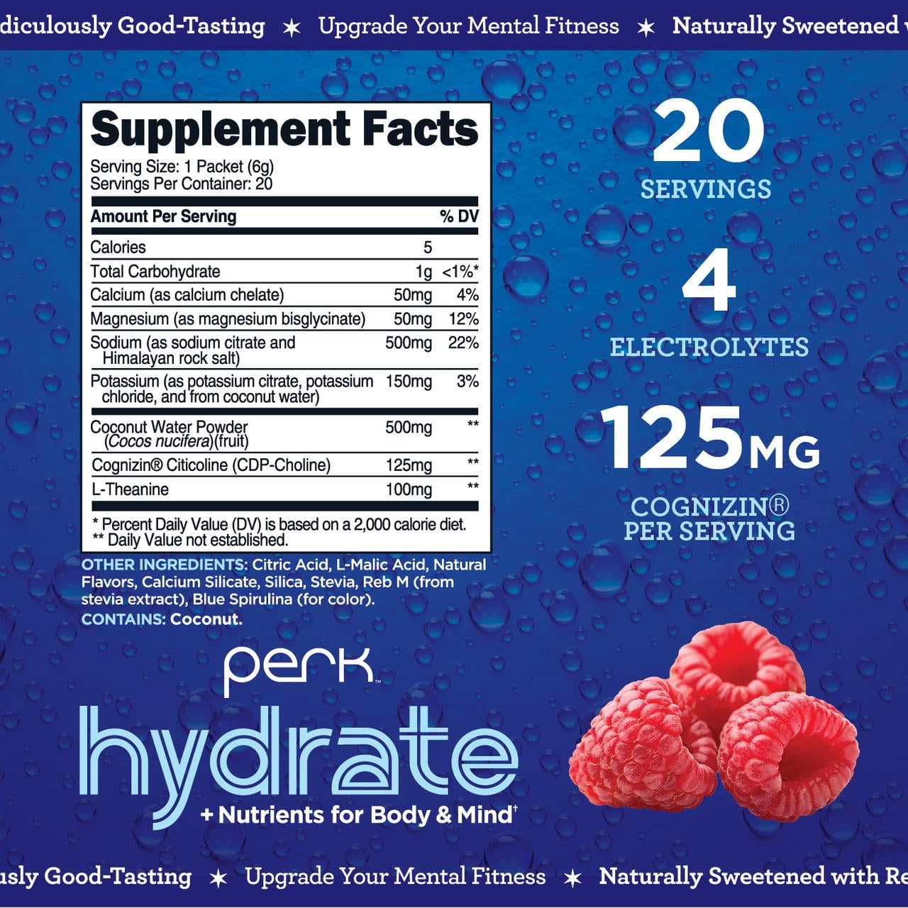 Perk Hydrate Electrolyte Stickpacks (Blue Raspberry) 20 Packets - Coconut Water, CDP-Choline, L-Theanine, Gluten-Free, Keto Friendly, Vegan