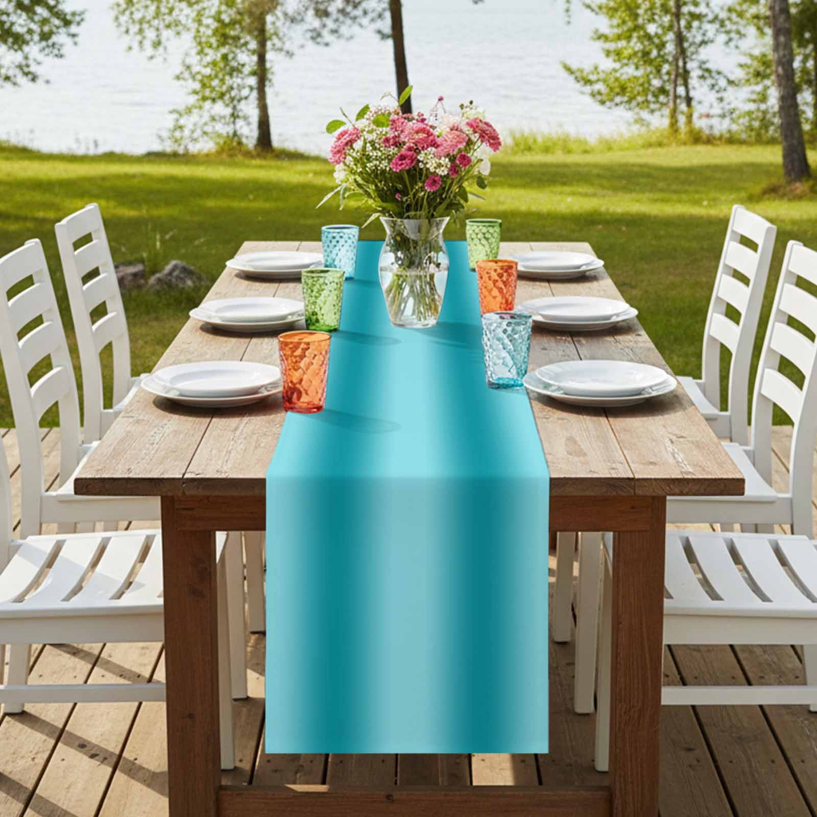 Teal Ombre Short Table Runner 60 Inches Long,Modern Abstract Art Farmhouse Gradient Cotton Linen Table Runners Dresser Scarves,Tabletop Scarf Furniture Cover for Home Dinner Party Decor 13"x60"