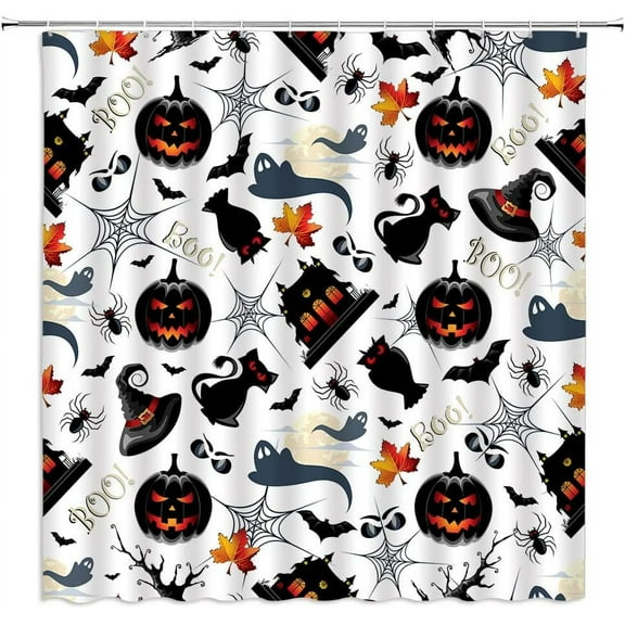 Halloween Shower Curtain Spooky Ghost Pumpkin Black Cat Castle Witch Hat Spider Bat Sugar Cartoon Halloween Things Happy Holiday Fabric Bathroom Home Decor Curtain Sets with Hooks
