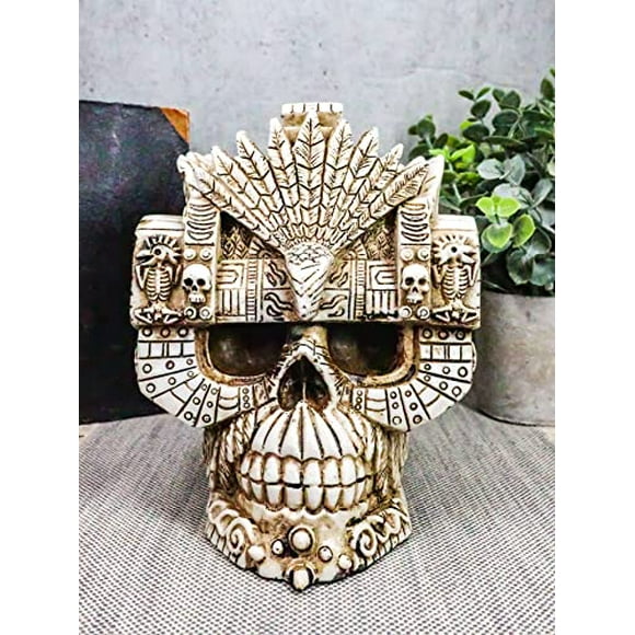 Ebros Aztec Empire Emperor Montezuma Skull Statue Tenochtitlan King Moctezuma I Halloween Skeleton Cranium Head Figurine