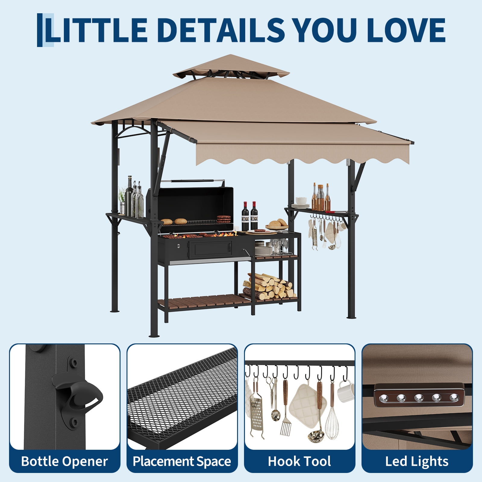 Heavy Duty Steel Grill Gazebo 8' x 5' – Double-Tier Roof, 7' x 3' Side Awning, LED Lights, Storage Shelves, Hooks – Outdoor BBQ Canopy Shelter for Patio