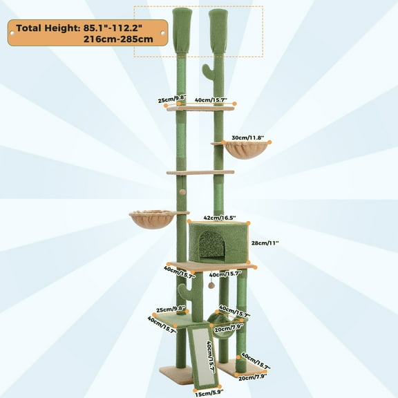 PRZL Floor to Ceiling, Adjustable Height, 5 Tiers Cat Climbing Tree with Cat Condo, Scratching Post and Ladder 85.1"-112.2" Green