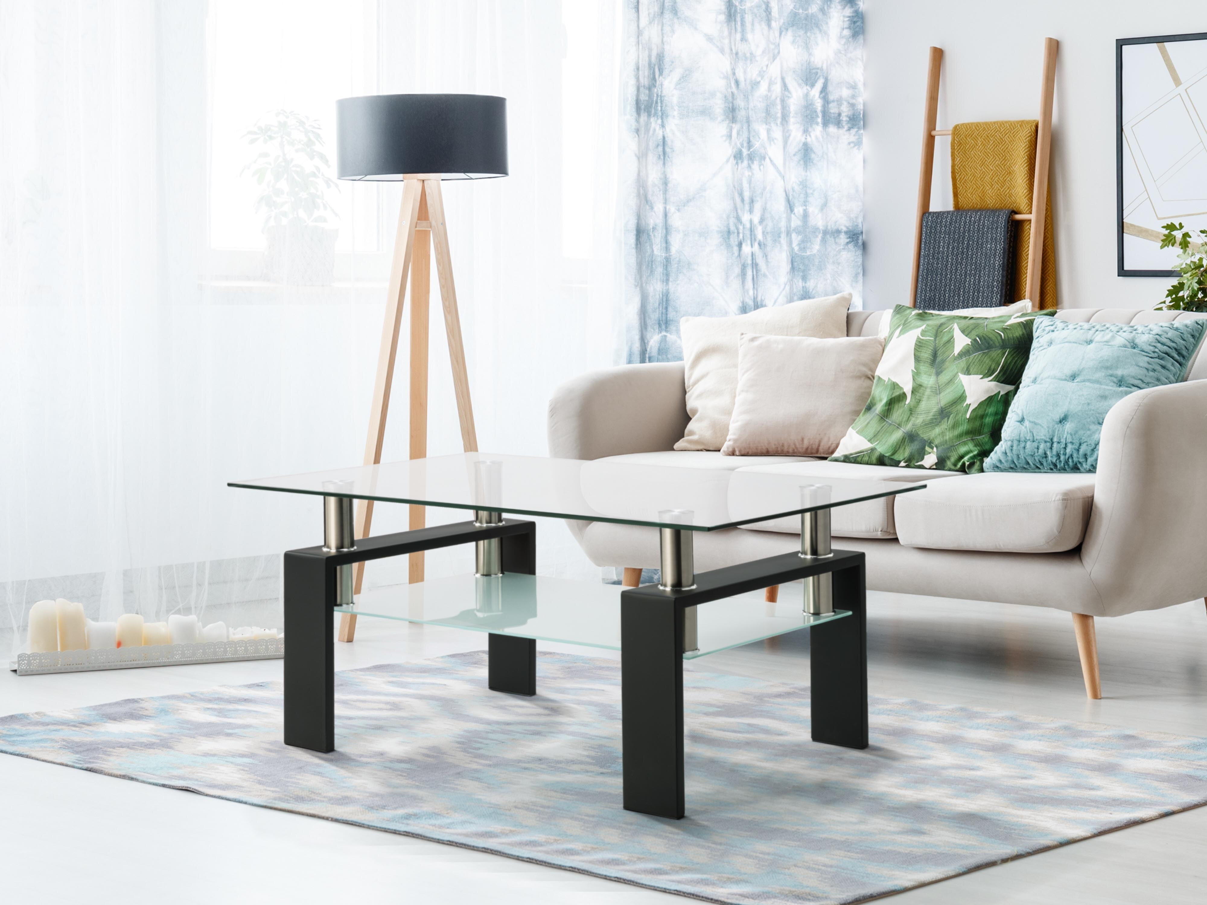 Clear Rectangle Glass Coffee Table with Lower Shelf,ModernTable with ...