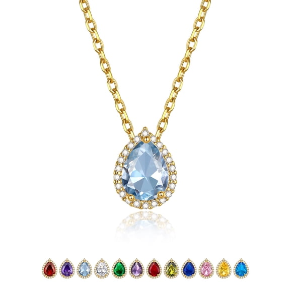KeyStyle Women Necklaces Birthstone Pendant Necklace with Cubic Zirconia 14K Gold Plated Teardrop Valentine Jewelry Gifts for Her