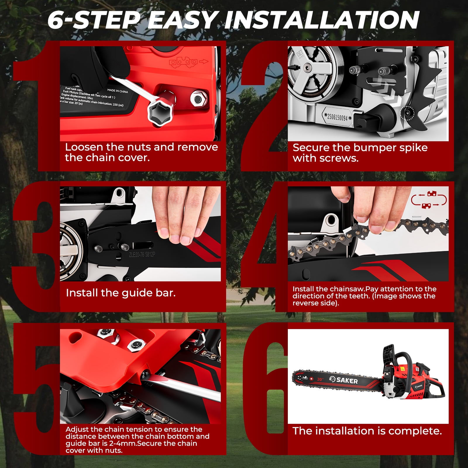 Saker 58cc Gas Chainsaw with 20-Inch Bar, 3.2HP, 2-Cycle Handheld Cordless Gas Powered Chainsaw for Heavy-Duty Wood Cutting & Tree Trimming