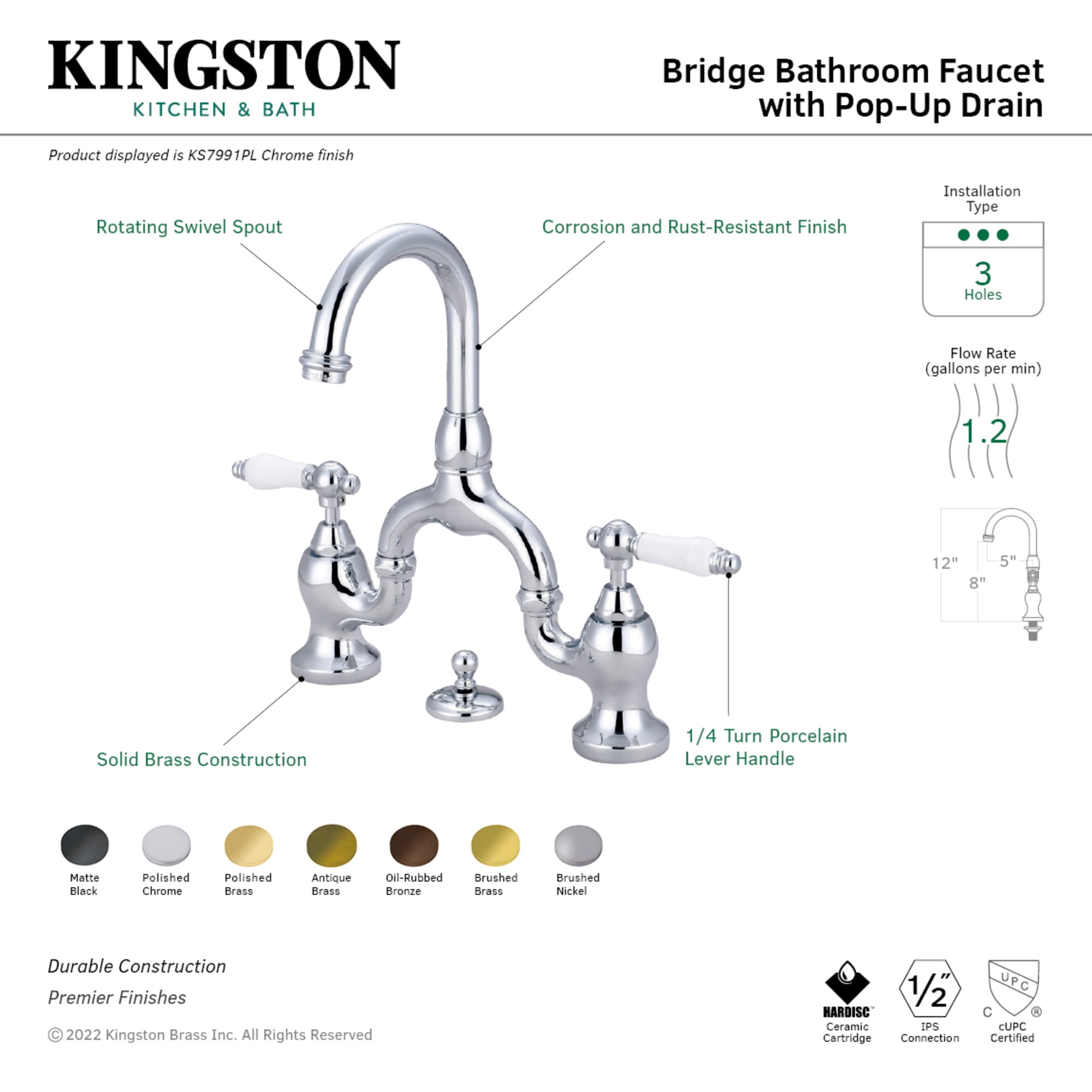 Kingston Brass KS7991PL English Country Bridge Bathroom Faucet with Brass Pop-up, Polished Chrome