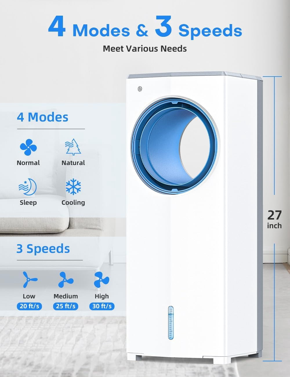 Windowless Portable Air Conditioner, 27" Bladeless Evaporative Air Cooler, Dual Tanks for 24H Cooling, 4 Modes & 3 Speeds, 25FT Remote&Timer, 360° Swing Swamp Cooler Air Cooler Indoor