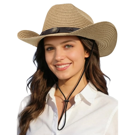 KOITHOT Women Sun Hat Summer Cowboy Straw Hat for Women Foldable with Adjustable Strap, Khaki
