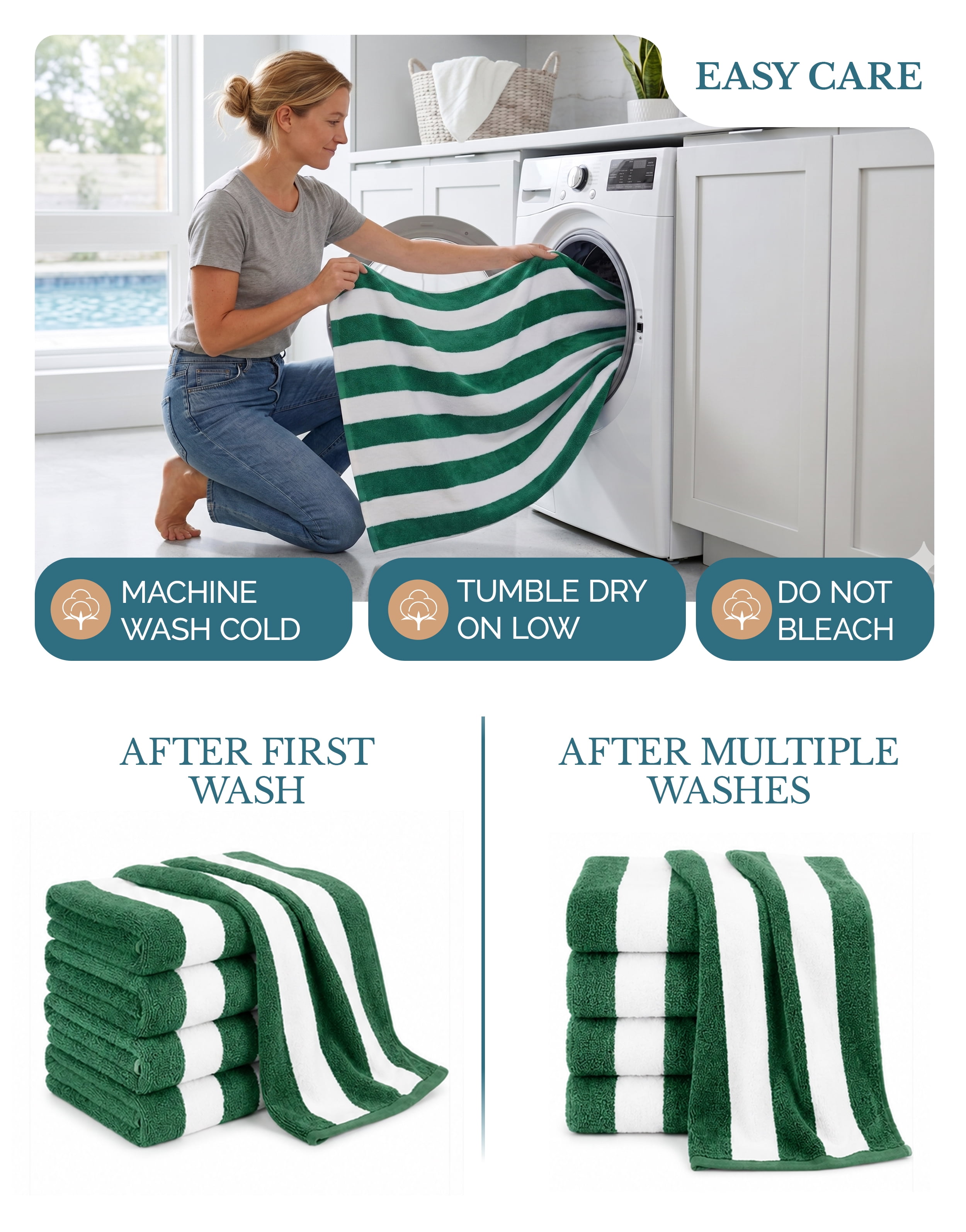 Casa Platino 100% Cotton Pool Towels - 4 Pack Cabana Striped Bath Towel,Quick Dry Absorbent Towels for Swimming Lessons, Pools and Lake Adventures - Green