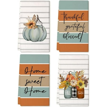 

Fall Kitchen Towels for Fall Decor Blue Pumpkin Vase Sunflower Autumn Dish Towels 18x26 Inch Set of 4 Farmhouse Home Thanksgiving Harvest Vintage Decorations AD371