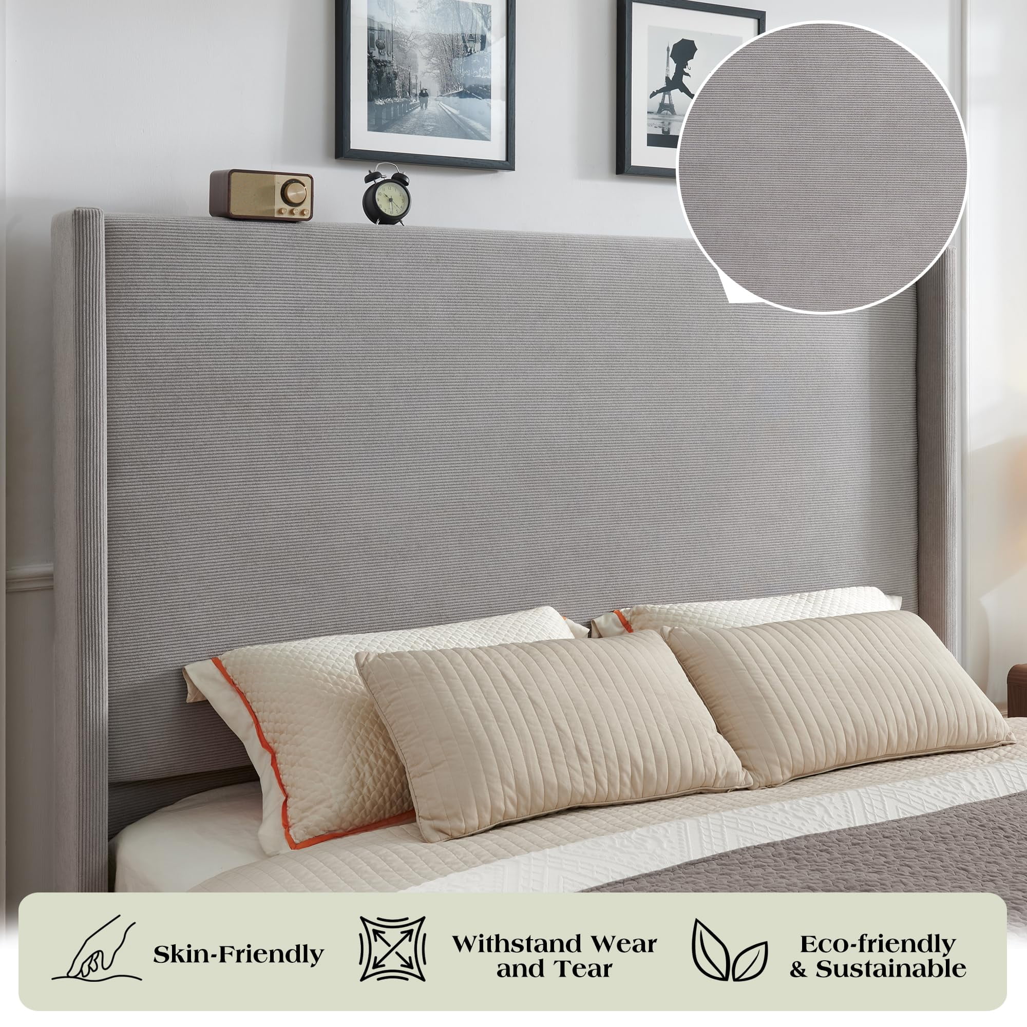VanAcc King Bed Frame with 65" Tall Headboard, Horizontal Fine Corduroy Bed Frame with Upholstered Wingback, Vintage Solid Wood Gourd Legs, Grey