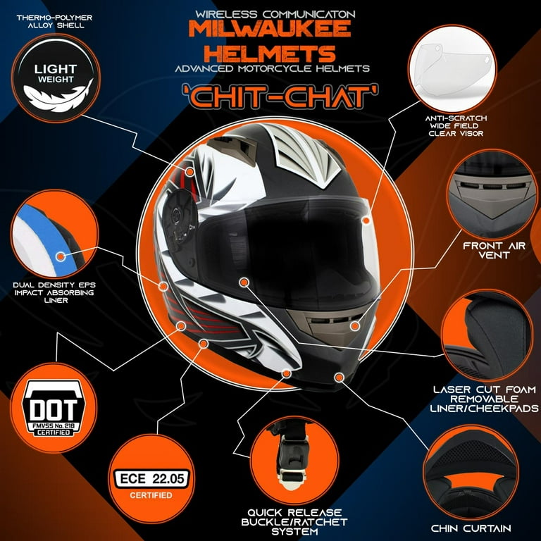 Milwaukee Helmets H520 Titanium and Red Chit-Chat Black Full Face  Motorcycle Helmet w/ Intercom - Built-in Speaker and Microphone for Men /  Women X-Large 