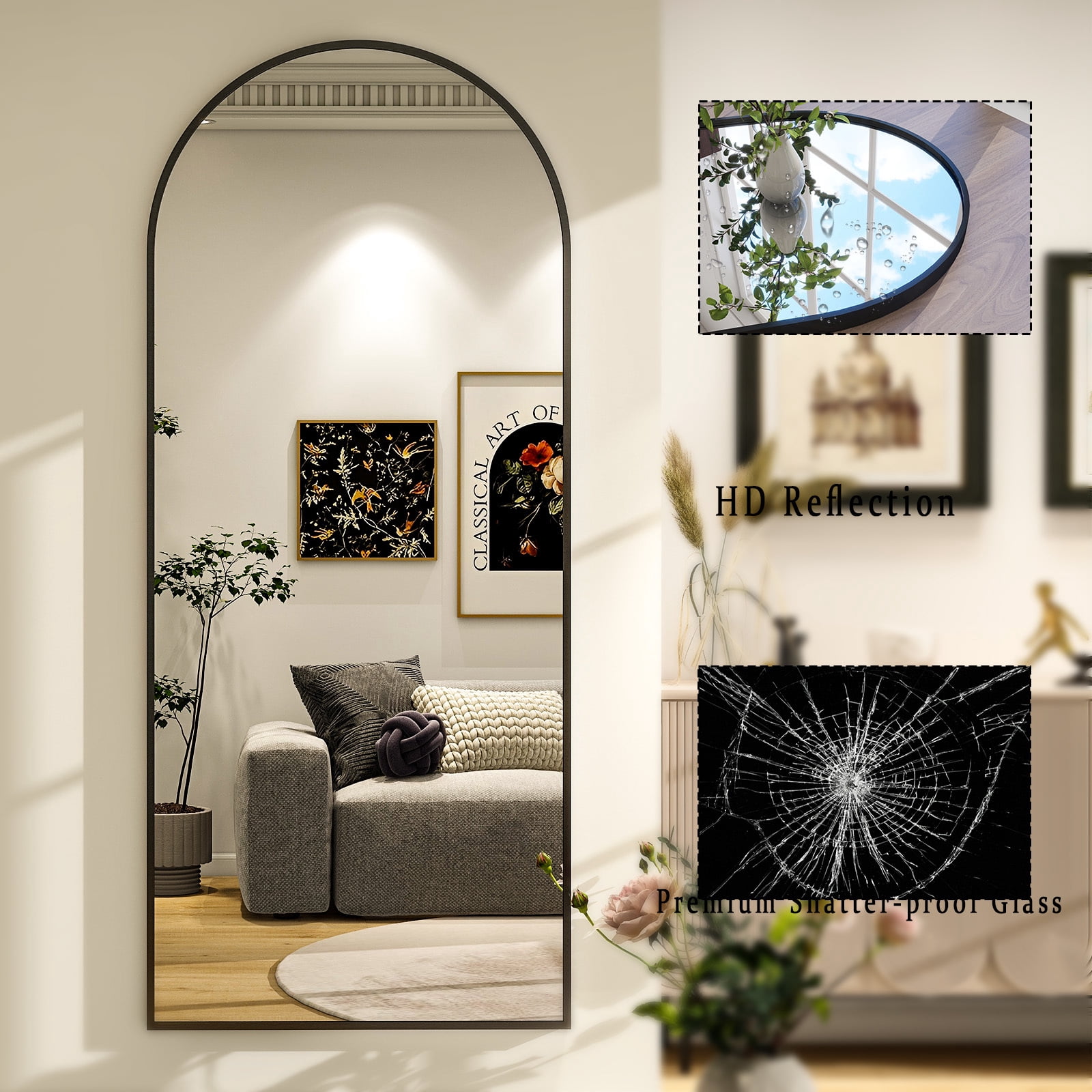 Anyrose 31x71 Full Length Mirror Arched with Stand Aluminum Alloy Framed Floor Mirror,Black