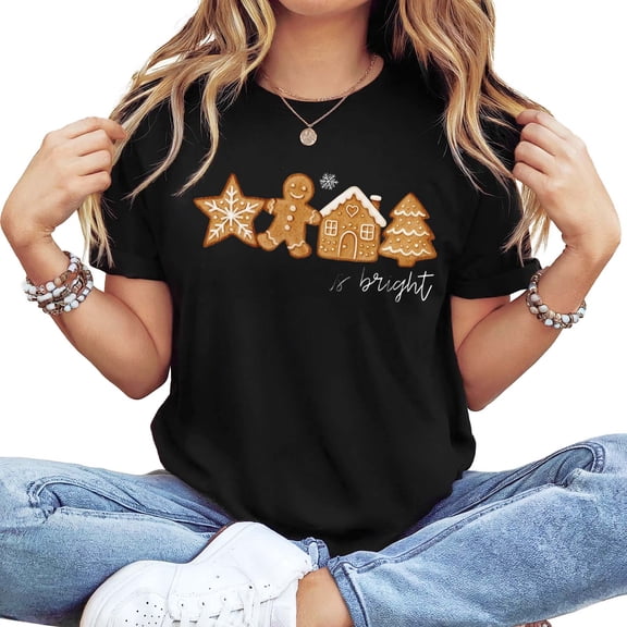 Women's "Joy To The World" Nativity Christmas Print Long Sleeve Top, Red Black Plaid Casual Festive Holiday Shirt