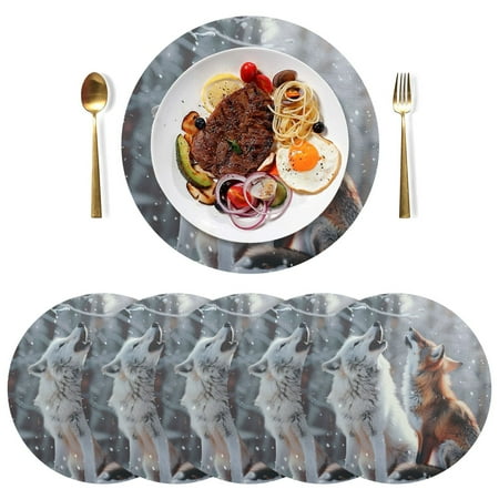 

Ryvnso Wolf and Fox in Forest Round Plate Mats Dining Table Placemat Set of 6 for Holiday Decoration