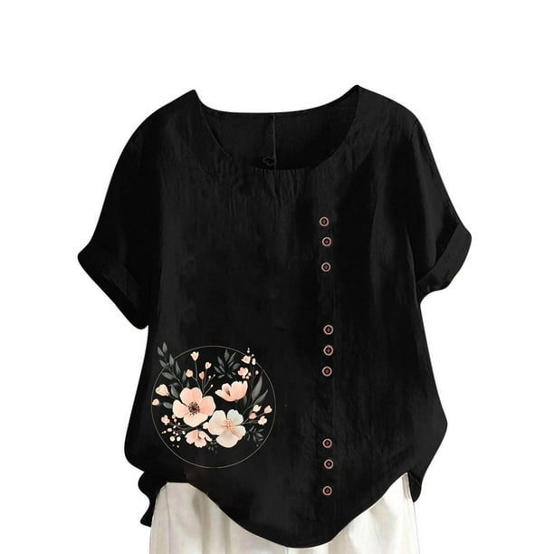 Vestidos Casuales Para Mujer, Blusas De Mujer De Moda Blusa informal de lino con cuello redondo, manga corta y botones para mujer