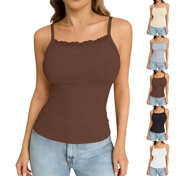 Womens Lace Camisole Square Neck Lace Trim Tank Tops Summer Spaghetti Straps Sleeveless Shirt