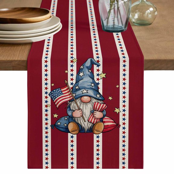 Patriotic Gnomes Table Runner 70 Inches, Independence 250 Memorial Red Striped Bed Runner Dresser Scarves Tabletop for Indoor Outdoor Parties/Ceremony/Banquet, 13" x 70"